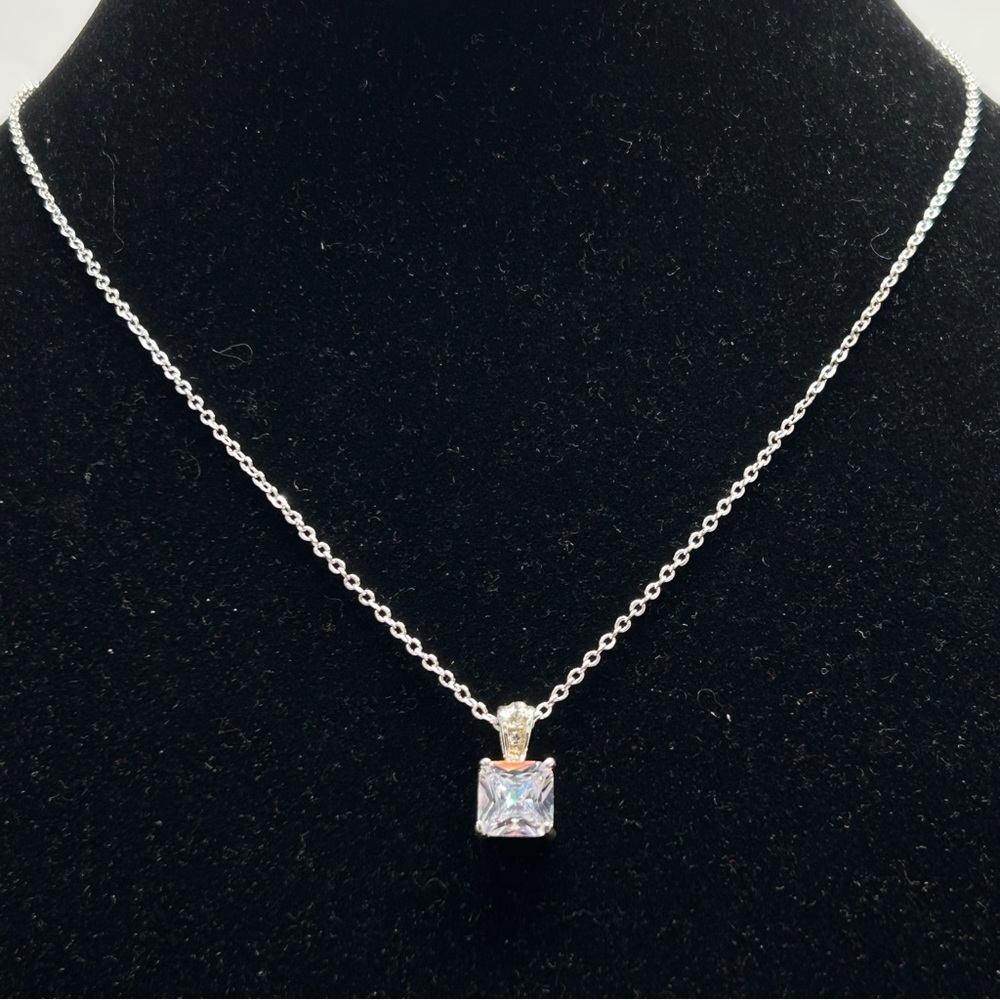 CBC, Silver Plate And Square Cut CZ Necklace And Stud Earring Set, NIB - Picture 2 of 8